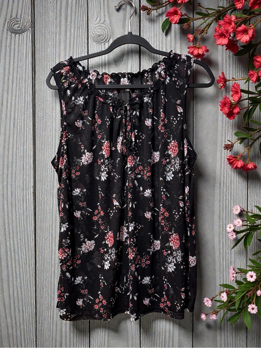 Black Floral Print Semi-Sheer Sleeveless Tie-Neck Top